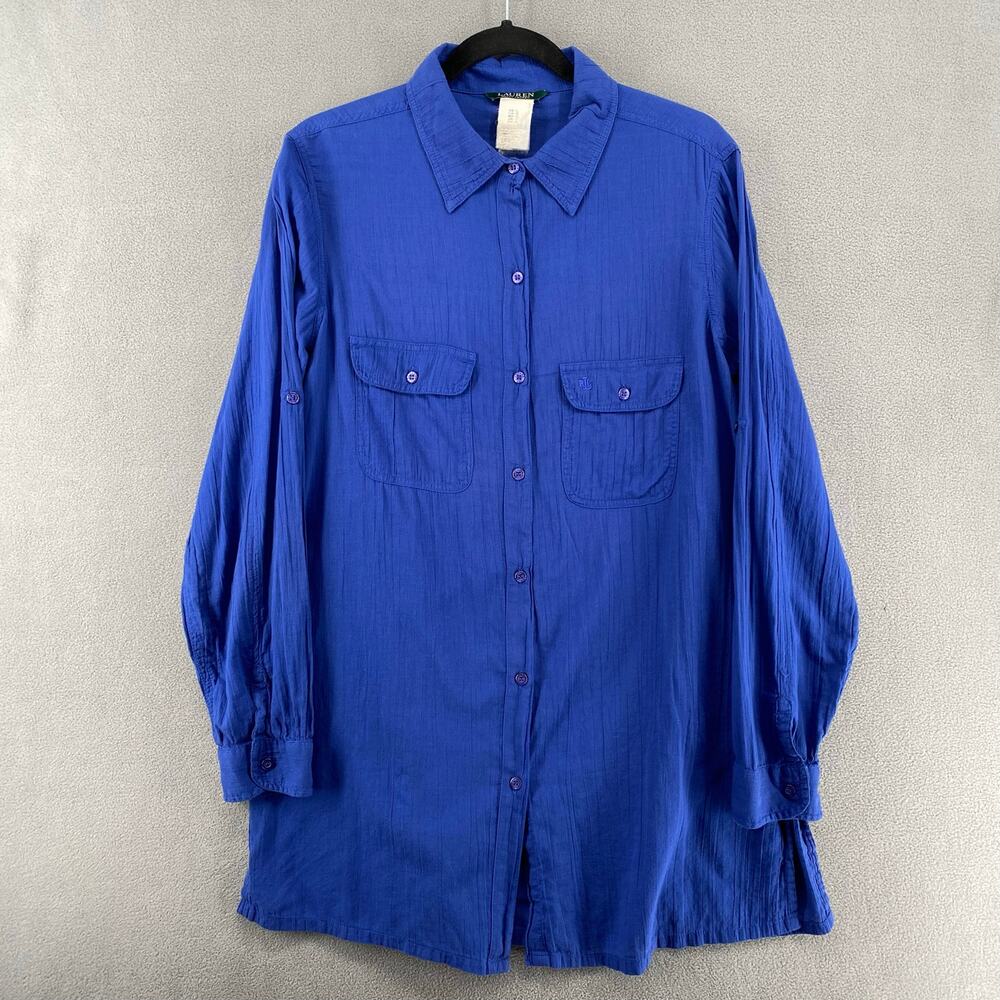 Ralph Lauren Blue Long Sleeve Button Down Shirt Womens L 100% Cotton Loose Fit